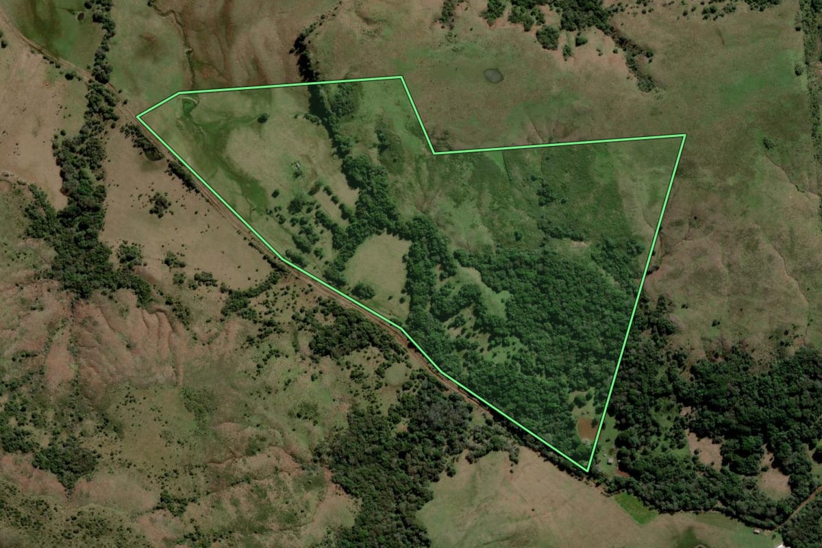 Imagem de satélite do imóvel rural em Rosário do Sul (RS), com o contorno declarado no CAR desenhado por cima.