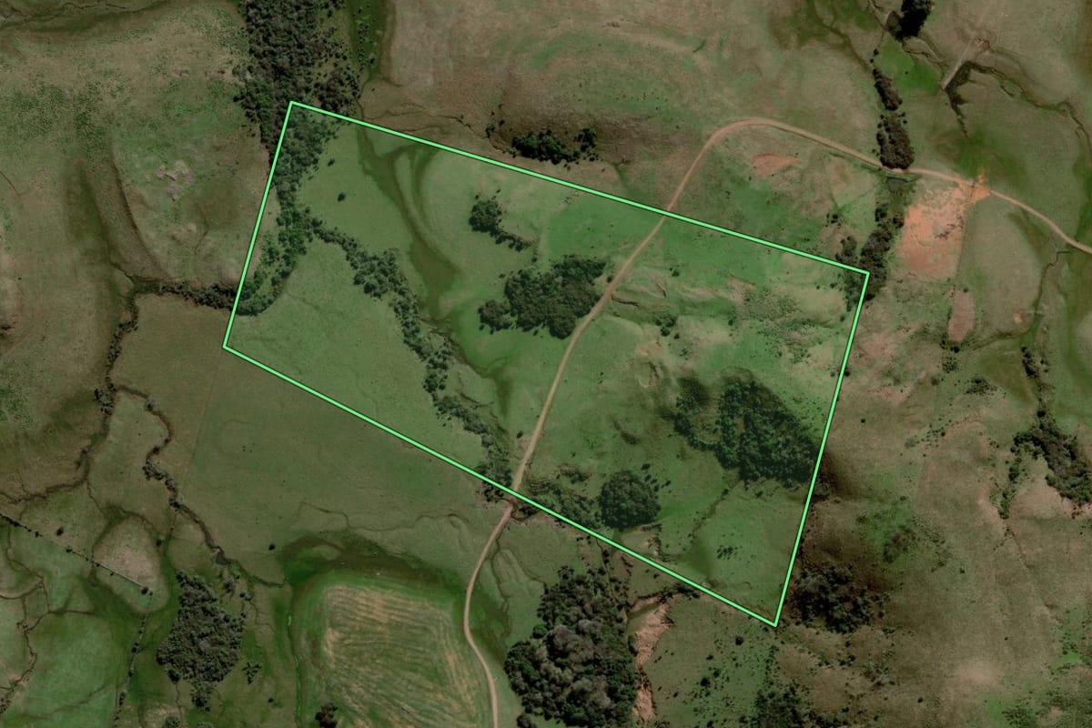 Imagem de satélite do imóvel rural em Rosário do Sul (RS), com o contorno declarado no CAR desenhado por cima.