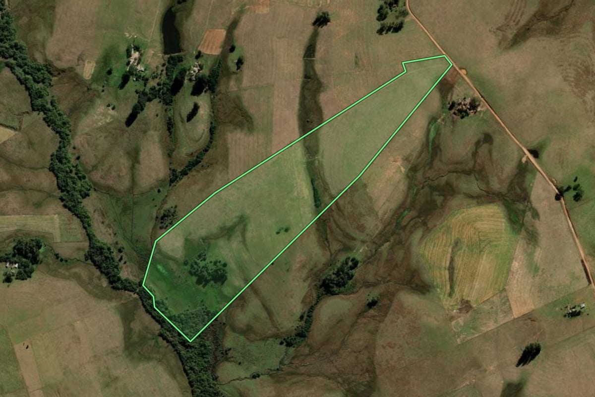 Imagem de satélite do imóvel rural em Rosário do Sul (RS), com o contorno declarado no CAR desenhado por cima.