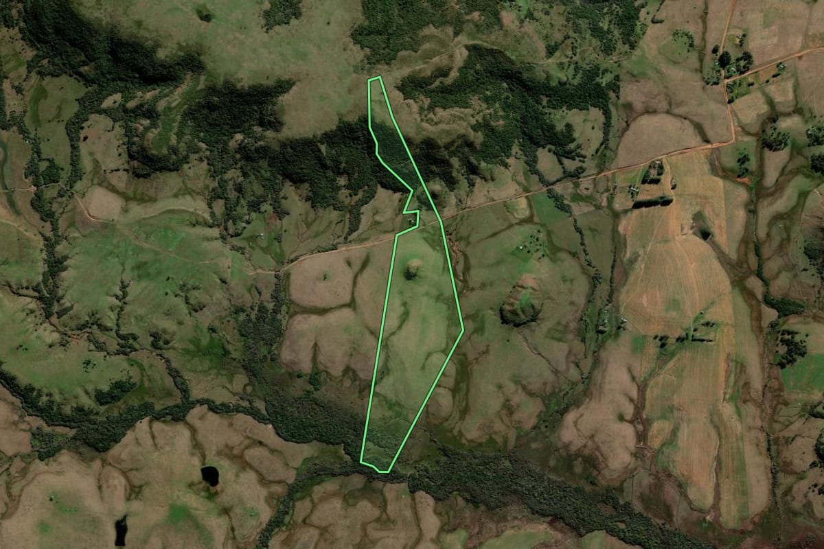 Imagem de satélite do imóvel rural em Rosário do Sul (RS), com o contorno declarado no CAR desenhado por cima.