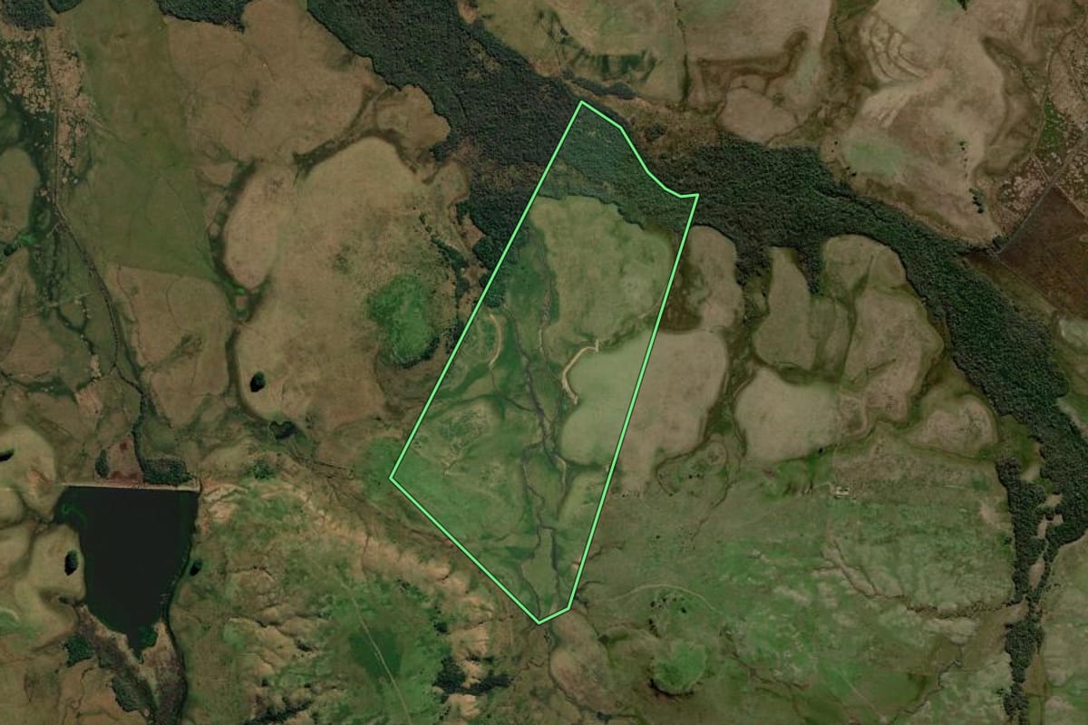 Imagem de satélite do imóvel rural em Rosário do Sul (RS), com o contorno declarado no CAR desenhado por cima.