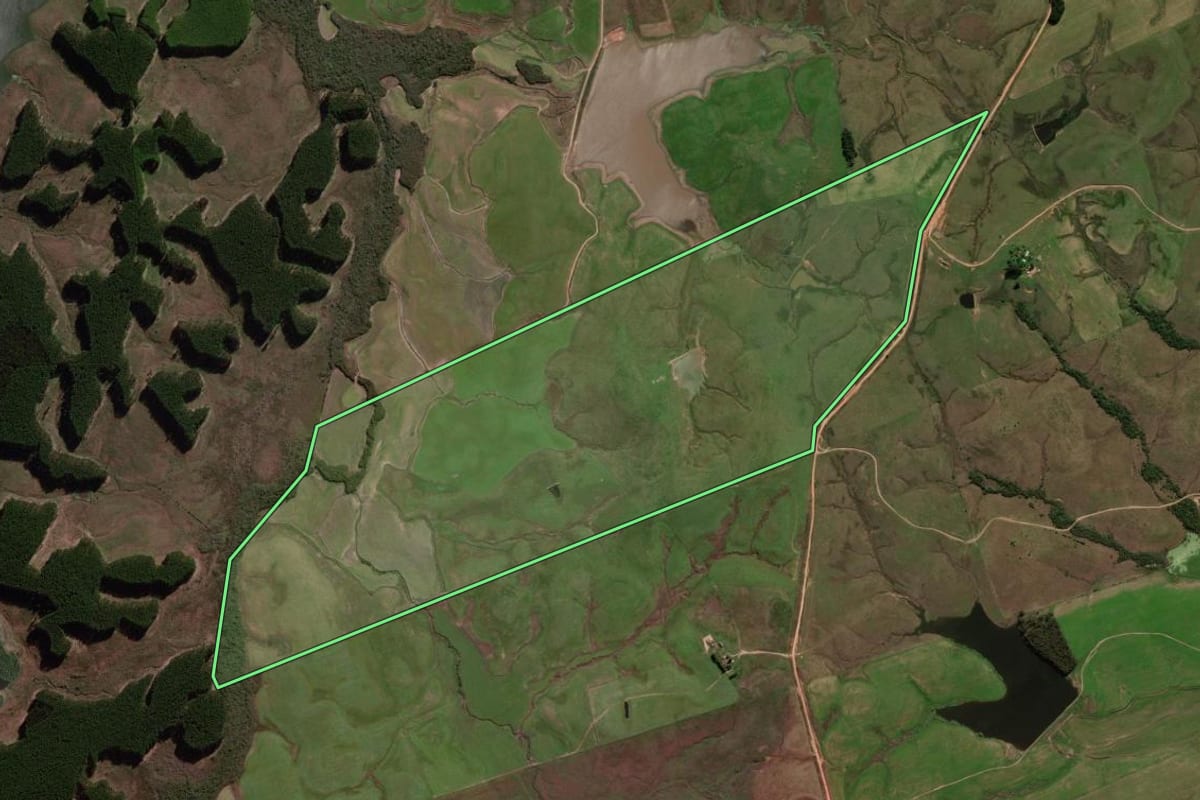 Imagem de satélite do imóvel rural em Rosário do Sul (RS), com o contorno declarado no CAR desenhado por cima.