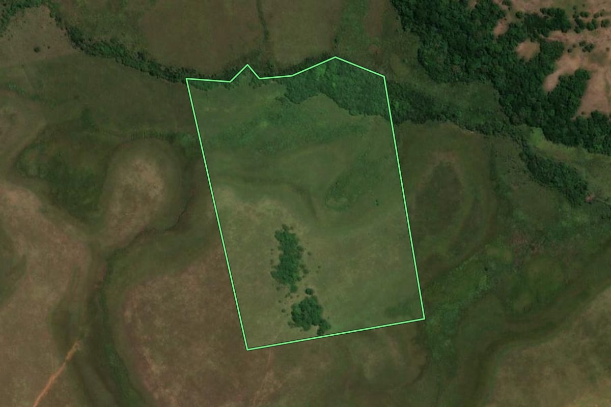 Imagem de satélite do imóvel rural em Rosário do Sul (RS), com o contorno declarado no CAR desenhado por cima.