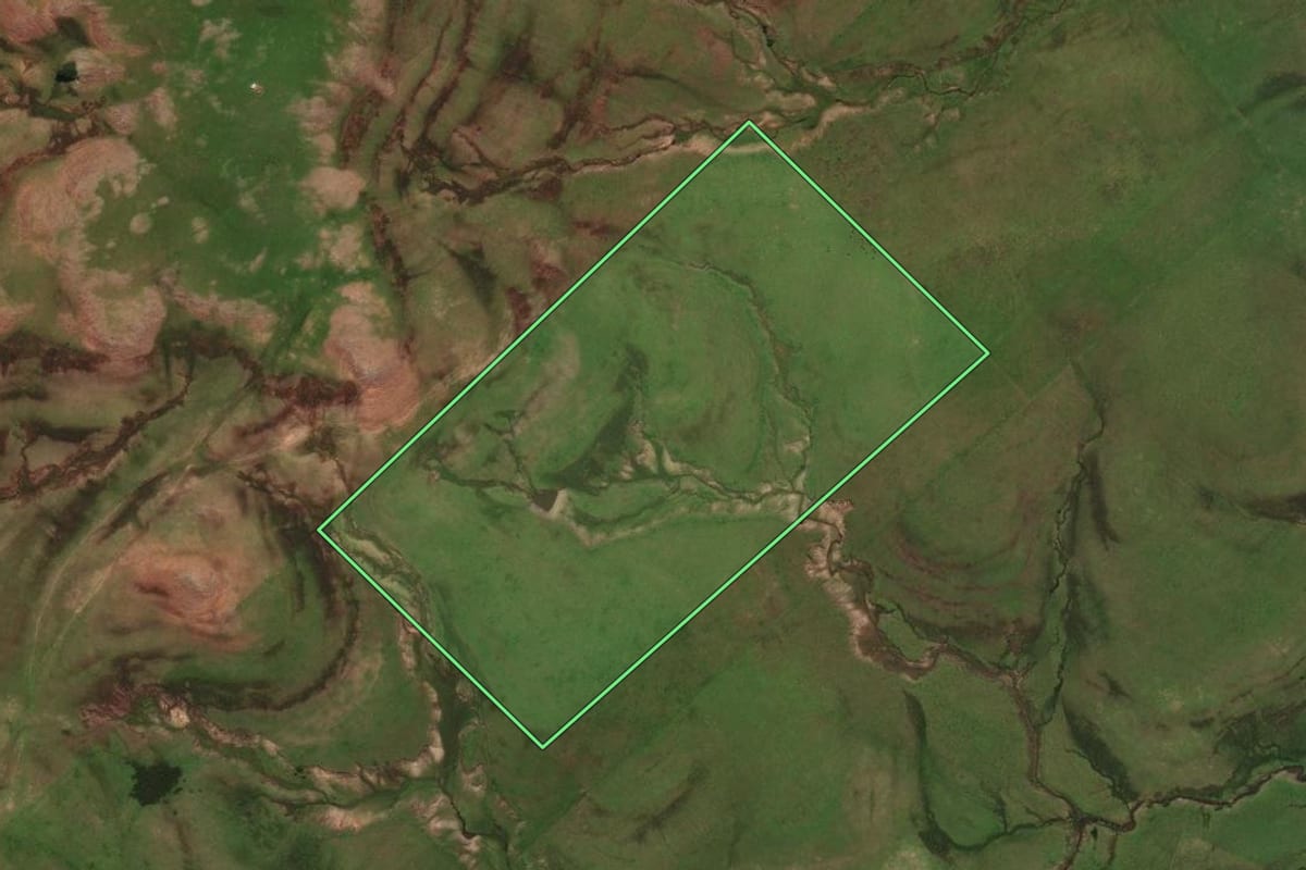 Imagem de satélite do imóvel rural em Rosário do Sul (RS), com o contorno declarado no CAR desenhado por cima.
