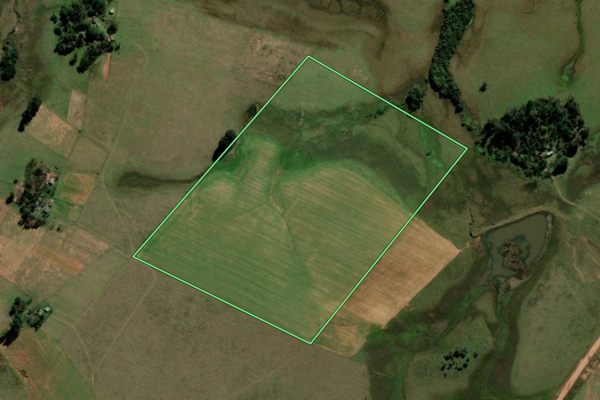 Imagem de satélite do imóvel rural em Rosário do Sul (RS), com o contorno declarado no CAR desenhado por cima.