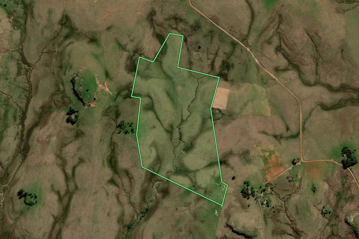 Imagem de satélite do imóvel rural em Rosário do Sul (RS), com o contorno declarado no CAR desenhado por cima.