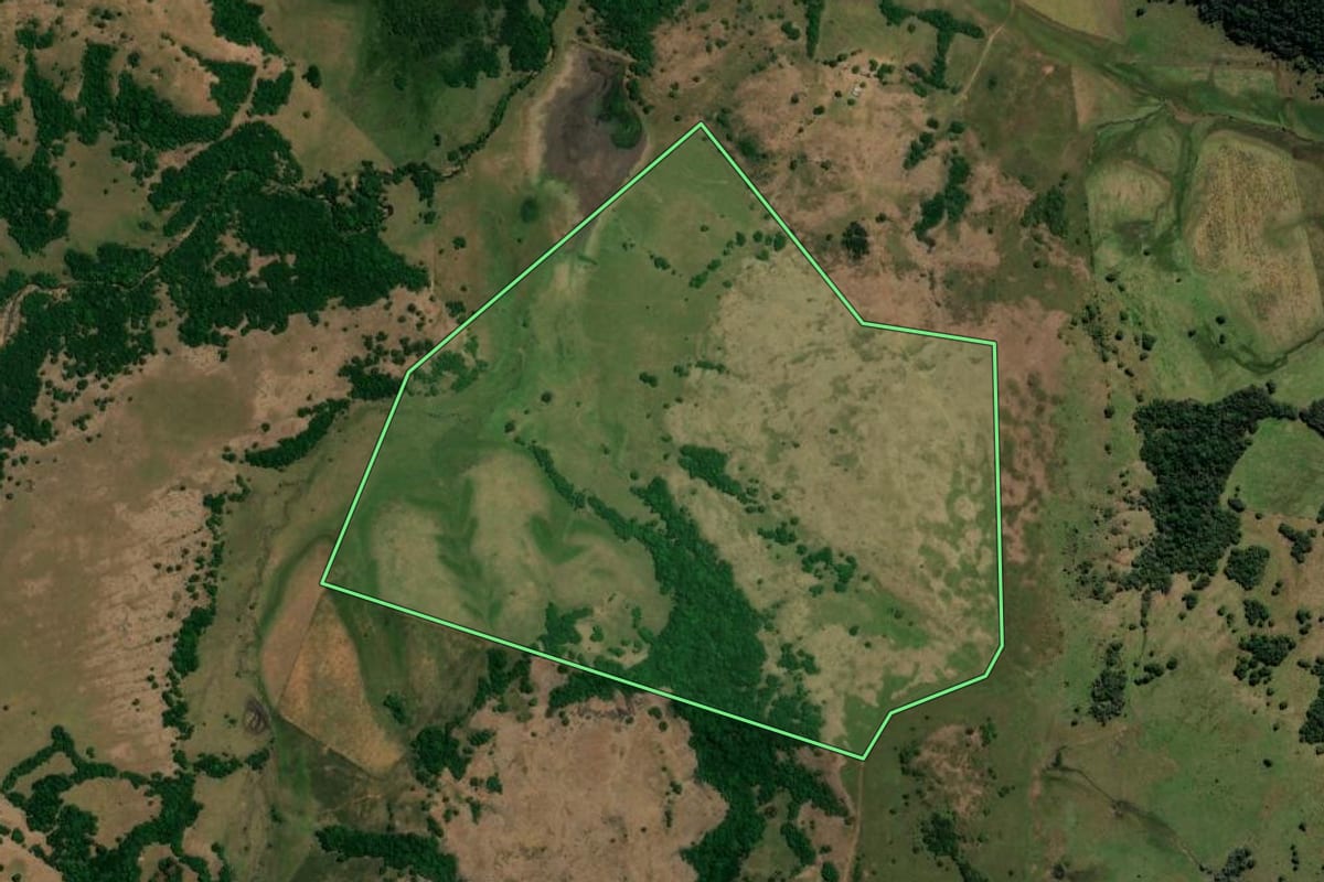 Imagem de satélite do imóvel rural em Rosário do Sul (RS), com o contorno declarado no CAR desenhado por cima.