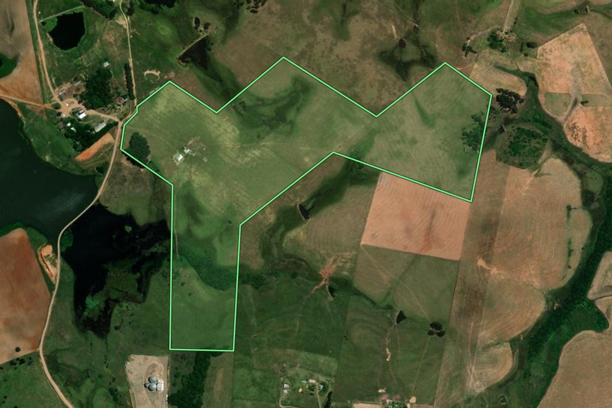 Imagem de satélite do imóvel rural em Rosário do Sul (RS), com o contorno declarado no CAR desenhado por cima.