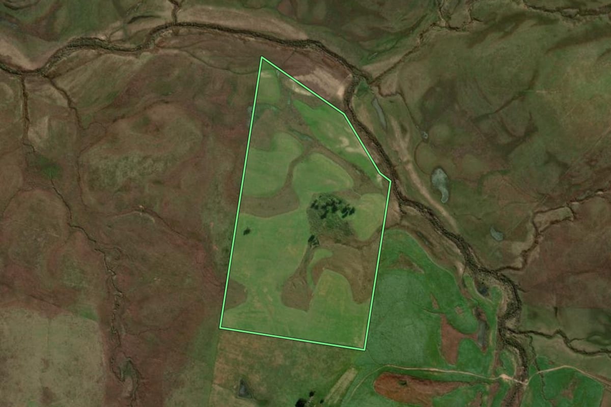 Imagem de satélite do imóvel rural em Rosário do Sul (RS), com o contorno declarado no CAR desenhado por cima.