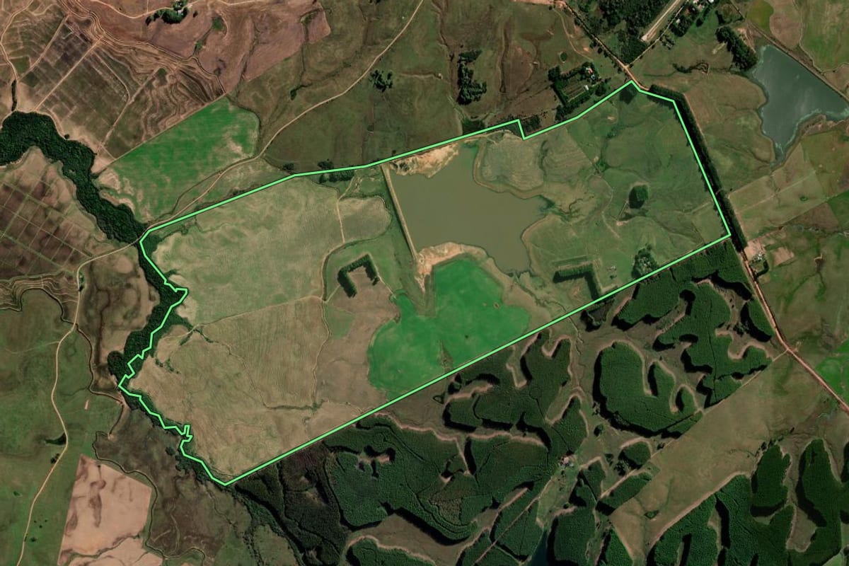 Imagem de satélite do imóvel rural em Rosário do Sul (RS), com o contorno declarado no CAR desenhado por cima.