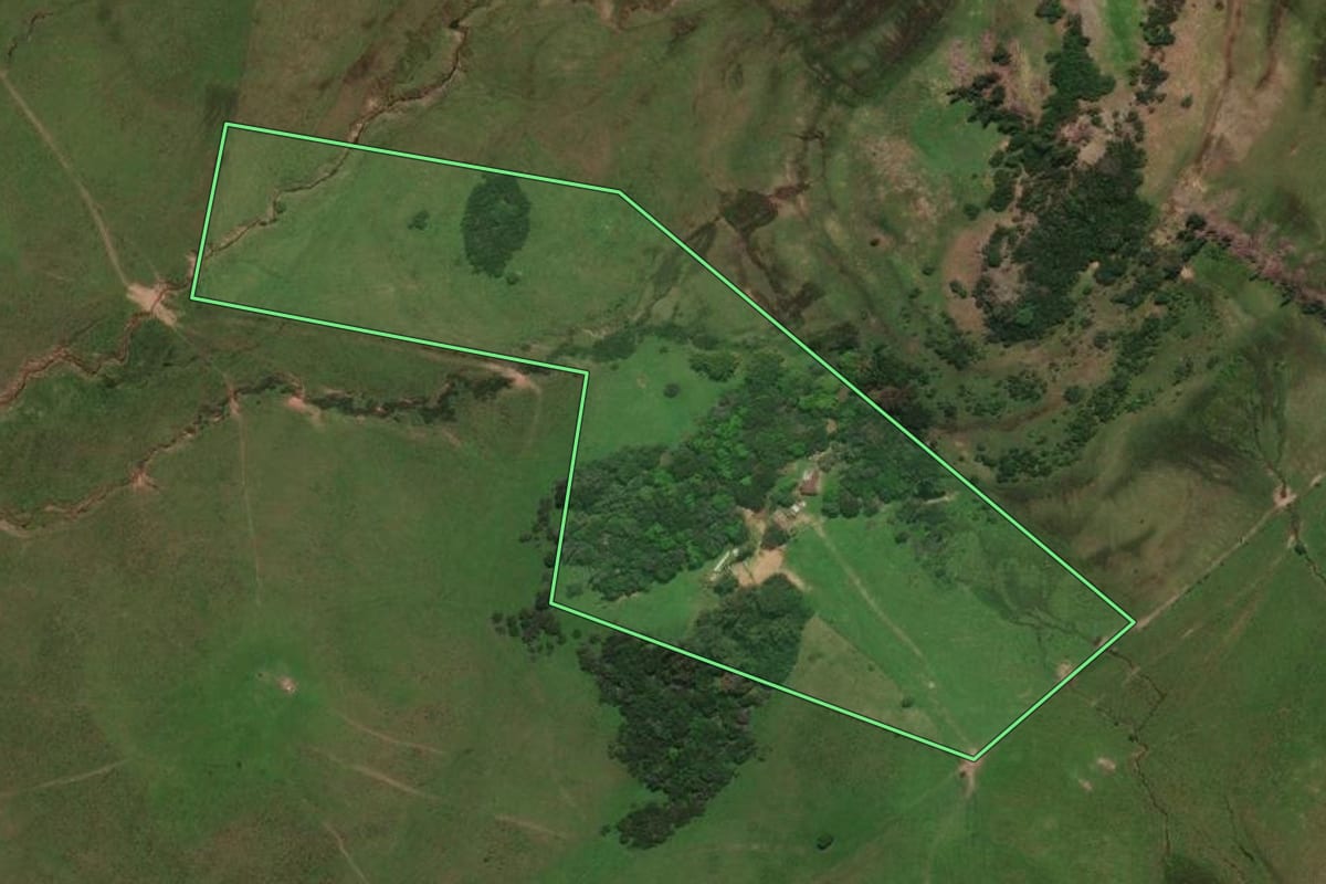Imagem de satélite do imóvel rural em Rosário do Sul (RS), com o contorno declarado no CAR desenhado por cima.