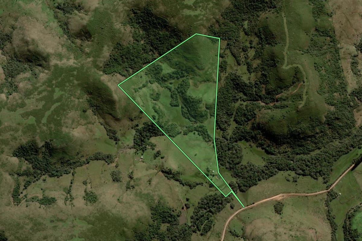 Imagem de satélite do imóvel rural em Rosário do Sul (RS), com o contorno declarado no CAR desenhado por cima.