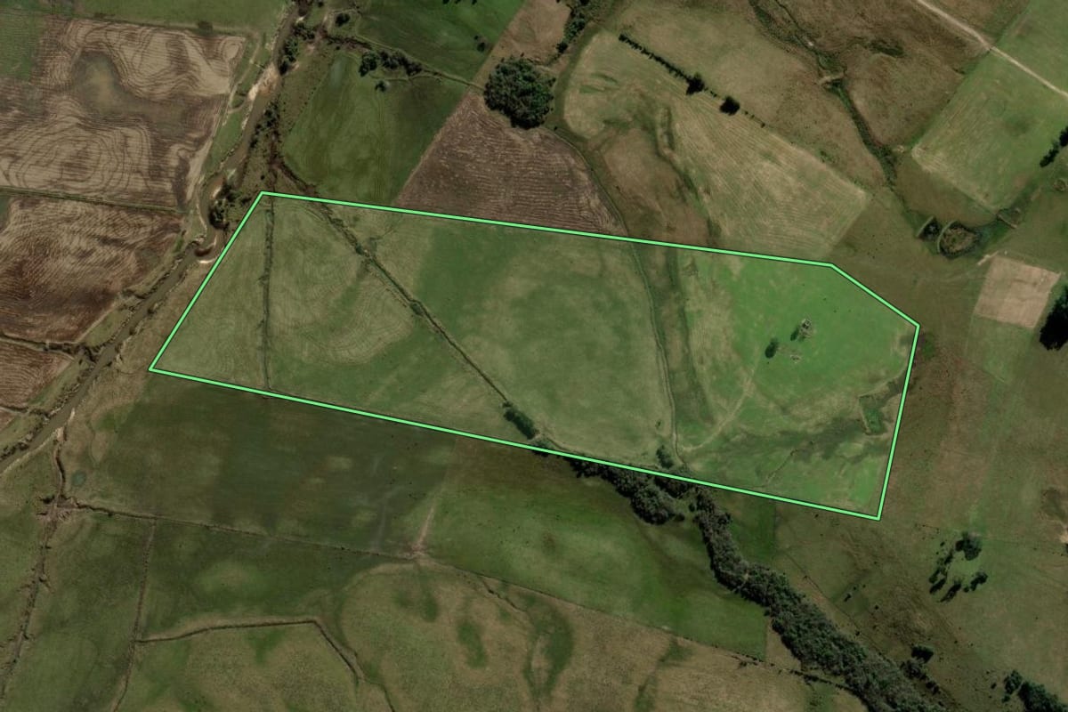Imagem de satélite do imóvel rural em Rosário do Sul (RS), com o contorno declarado no CAR desenhado por cima.