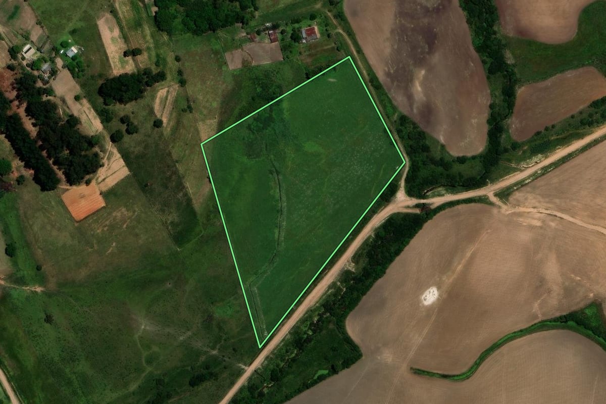 Imagem de satélite do imóvel rural em Rosário do Sul (RS), com o contorno declarado no CAR desenhado por cima.