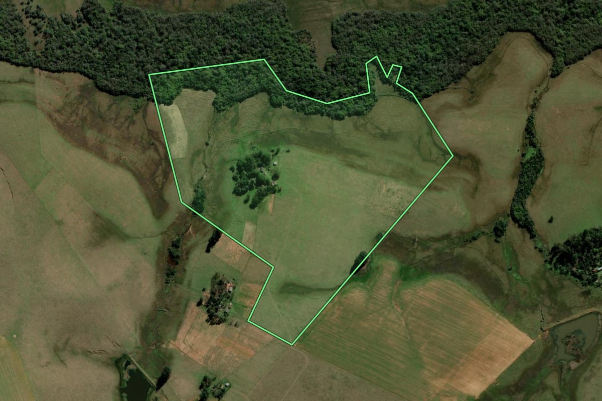 Imagem de satélite do imóvel rural em Rosário do Sul (RS), com o contorno declarado no CAR desenhado por cima.