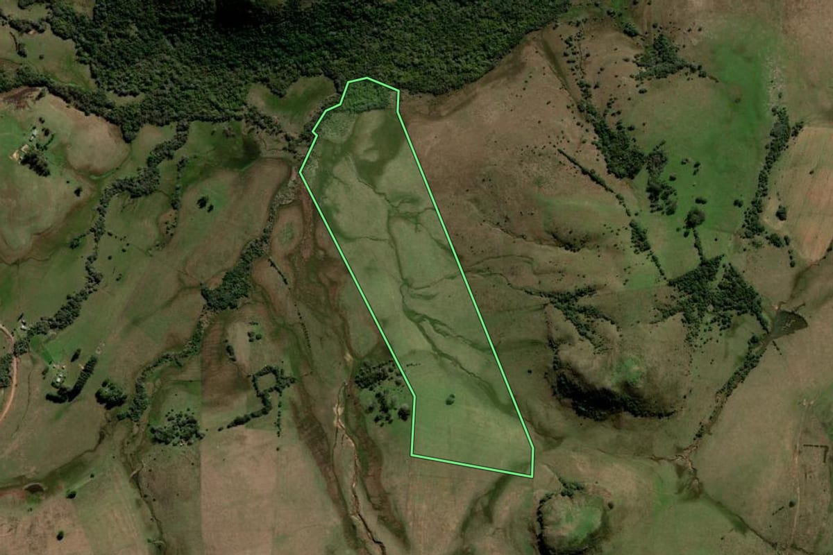 Imagem de satélite do imóvel rural em Rosário do Sul (RS), com o contorno declarado no CAR desenhado por cima.