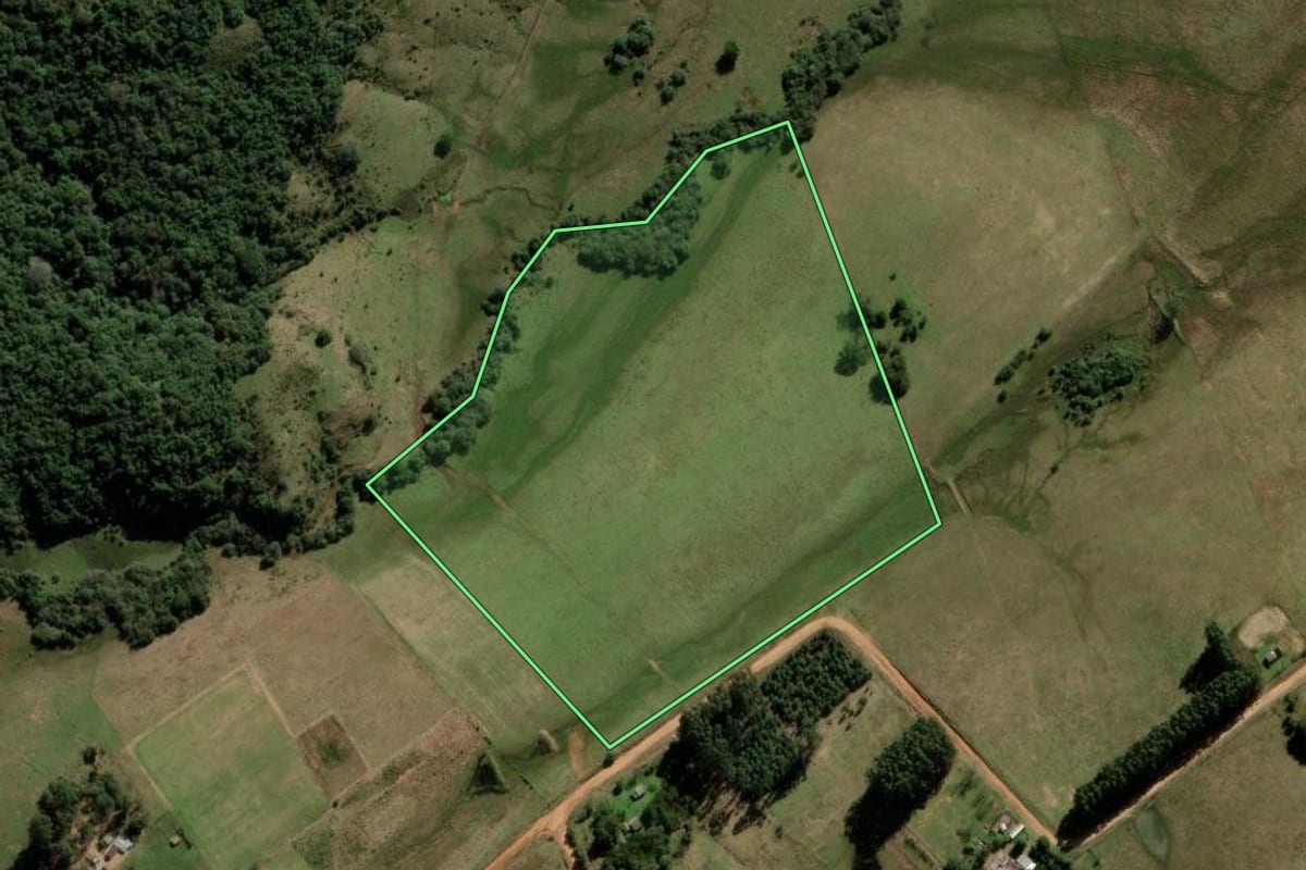 Imagem de satélite do imóvel rural em Rosário do Sul (RS), com o contorno declarado no CAR desenhado por cima.