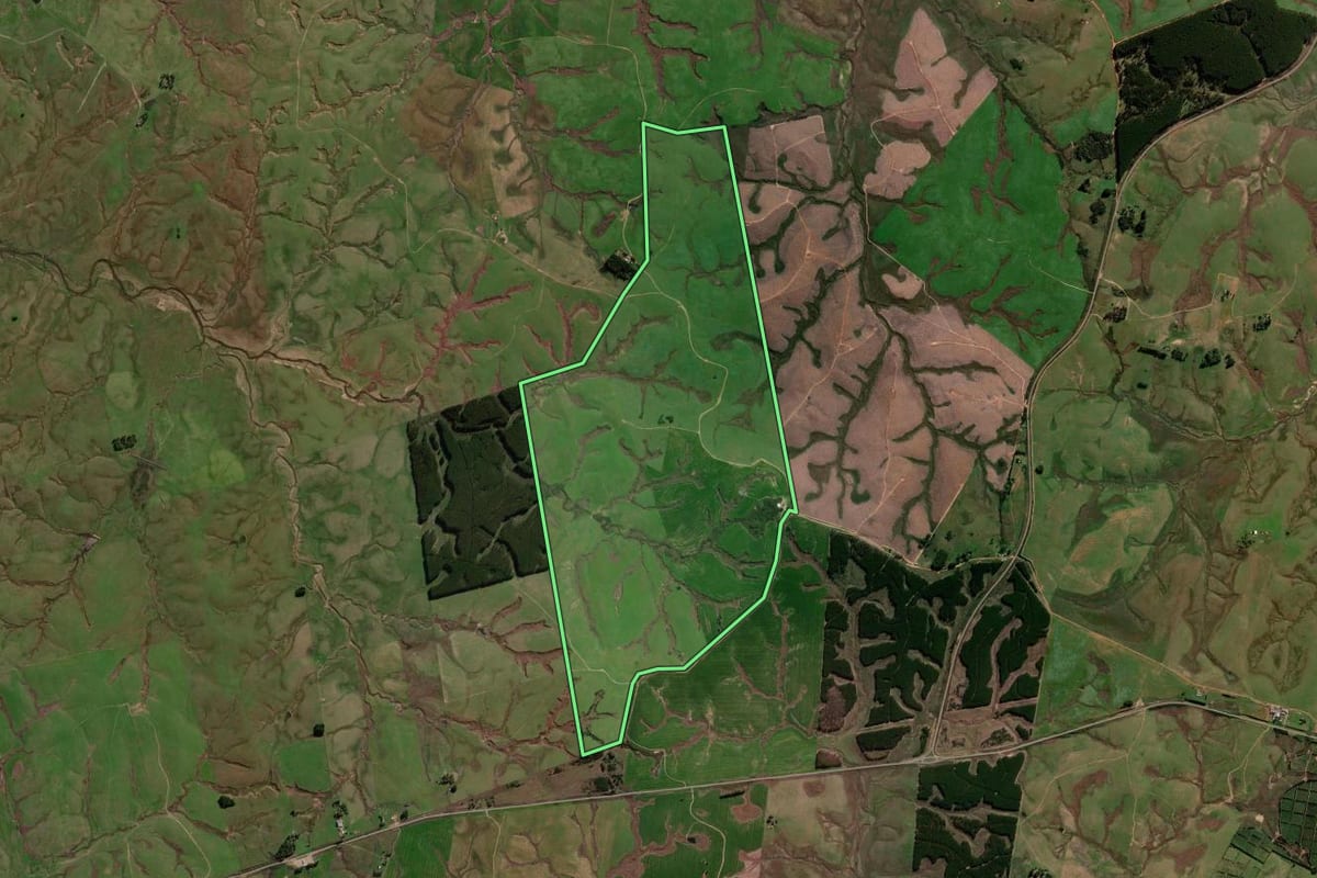 Imagem de satélite do imóvel rural em Rosário do Sul (RS), com o contorno declarado no CAR desenhado por cima.