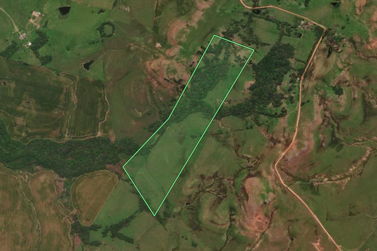 Imagem de satélite do imóvel rural em Rosário do Sul (RS), com o contorno declarado no CAR desenhado por cima.