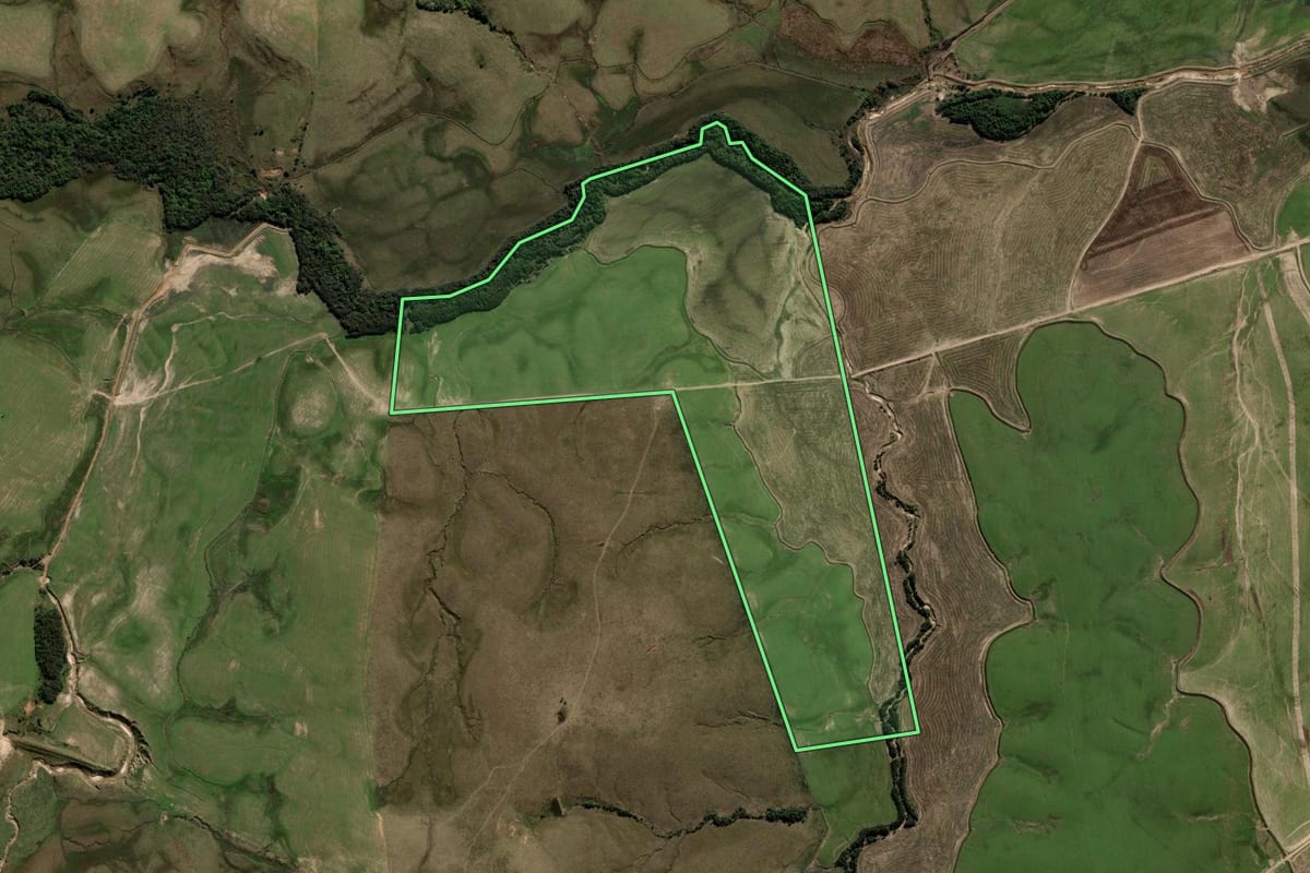 Imagem de satélite do imóvel rural em Rosário do Sul (RS), com o contorno declarado no CAR desenhado por cima.