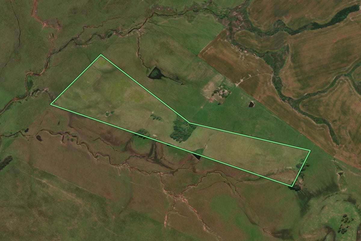 Imagem de satélite do imóvel rural em Rosário do Sul (RS), com o contorno declarado no CAR desenhado por cima.