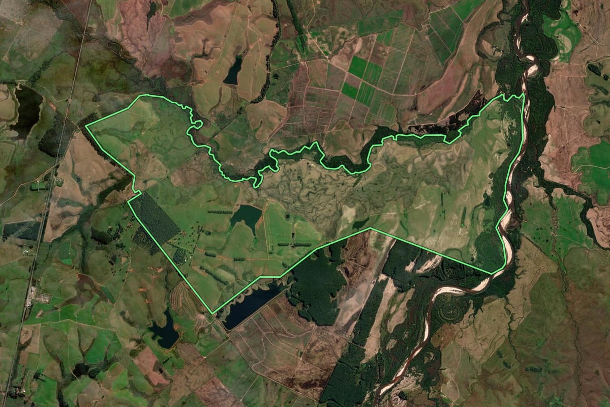 Imagem de satélite do imóvel rural em Rosário do Sul (RS), com o contorno declarado no CAR desenhado por cima.