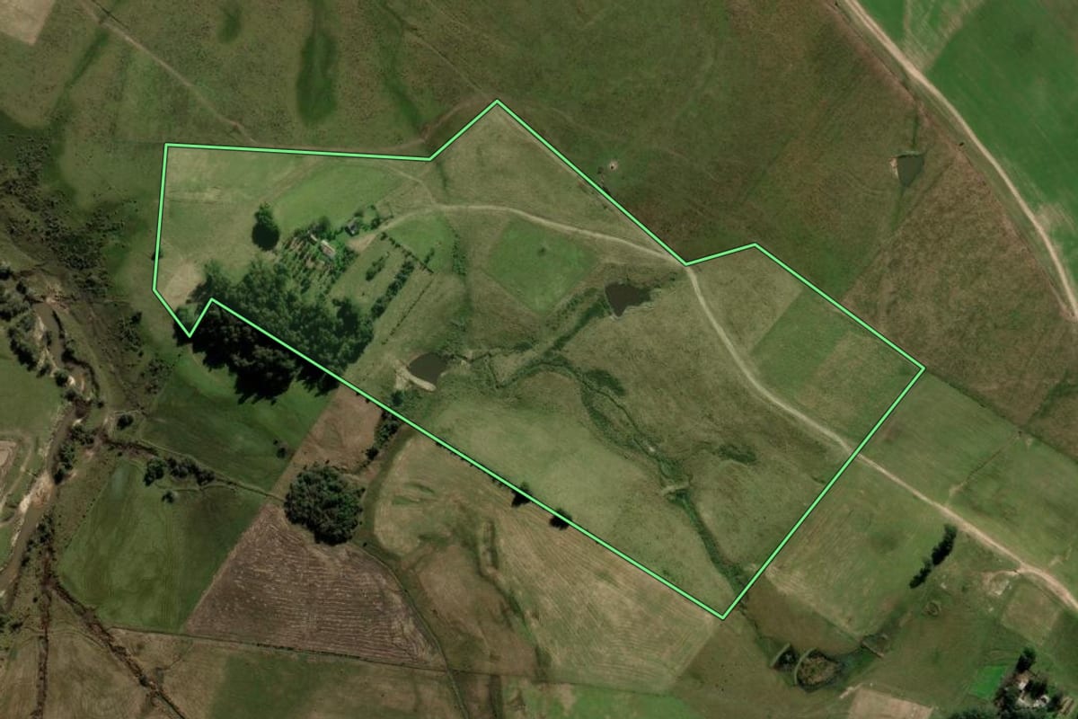 Imagem de satélite do imóvel rural em Rosário do Sul (RS), com o contorno declarado no CAR desenhado por cima.