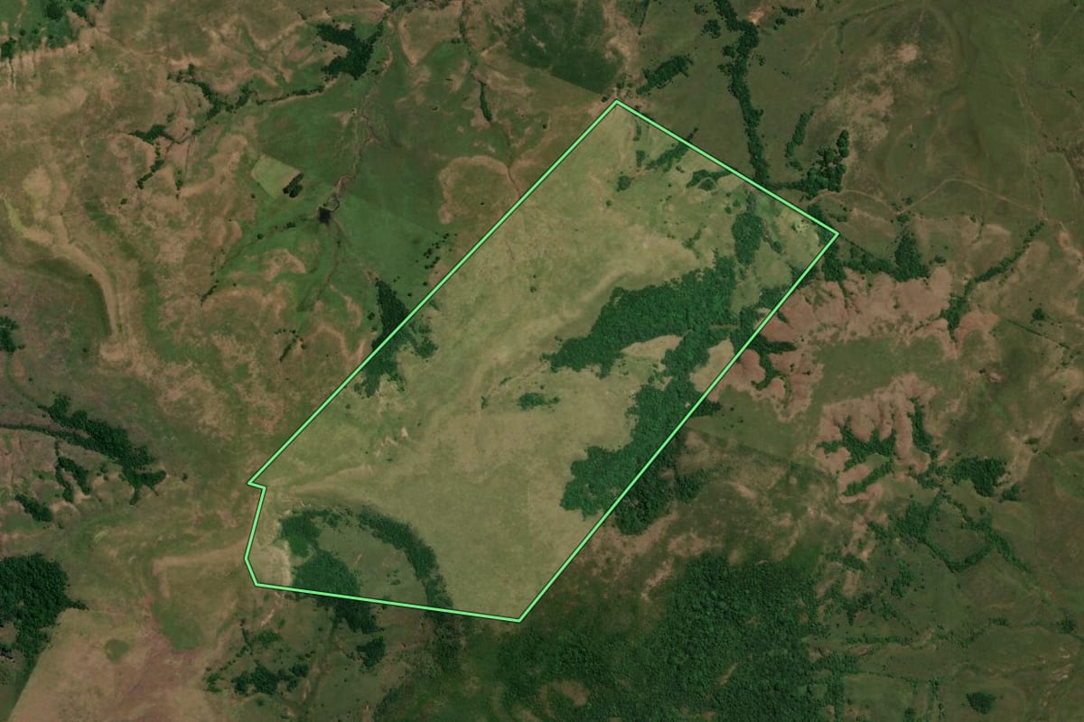 Imagem de satélite do imóvel rural em Rosário do Sul (RS), com o contorno declarado no CAR desenhado por cima.