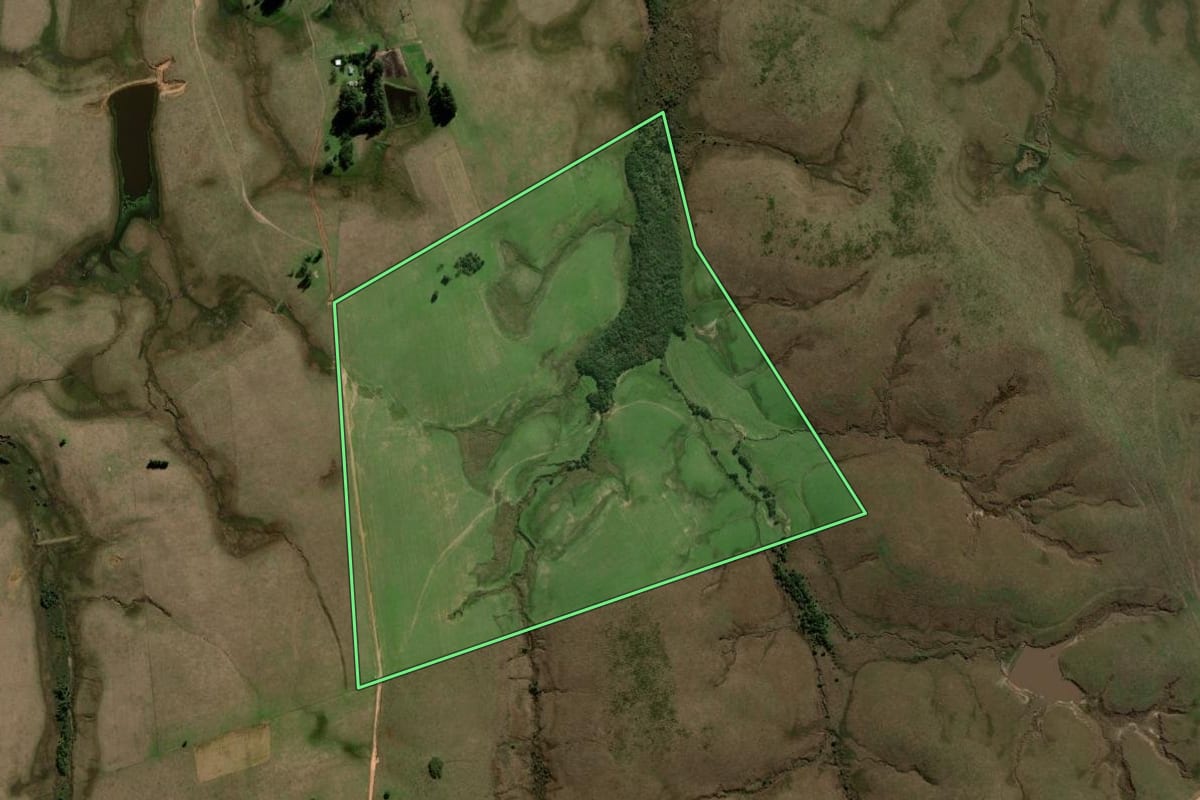 Imagem de satélite do imóvel rural em Rosário do Sul (RS), com o contorno declarado no CAR desenhado por cima.