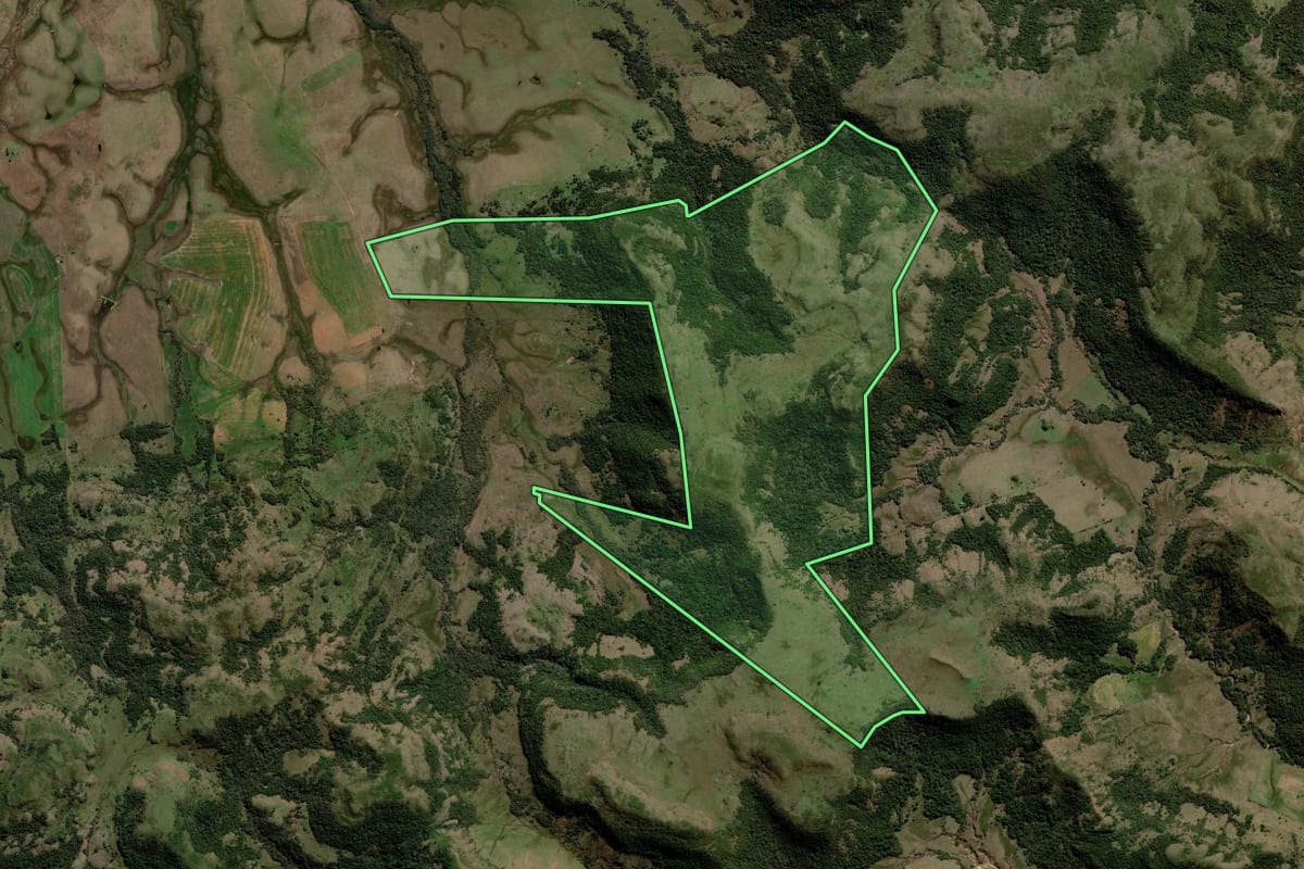 Imagem de satélite do imóvel rural em Rosário do Sul (RS), com o contorno declarado no CAR desenhado por cima.