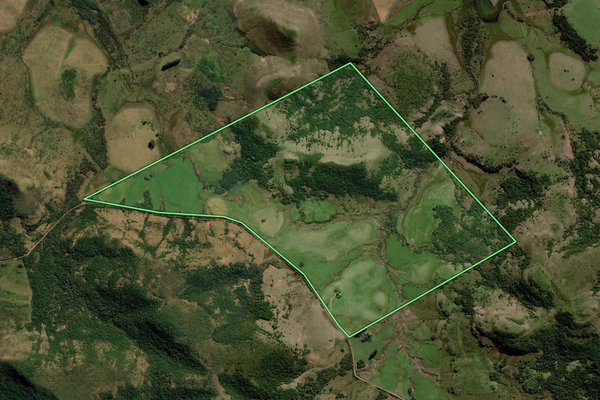 Imagem de satélite do imóvel rural em Rosário do Sul (RS), com o contorno declarado no CAR desenhado por cima.