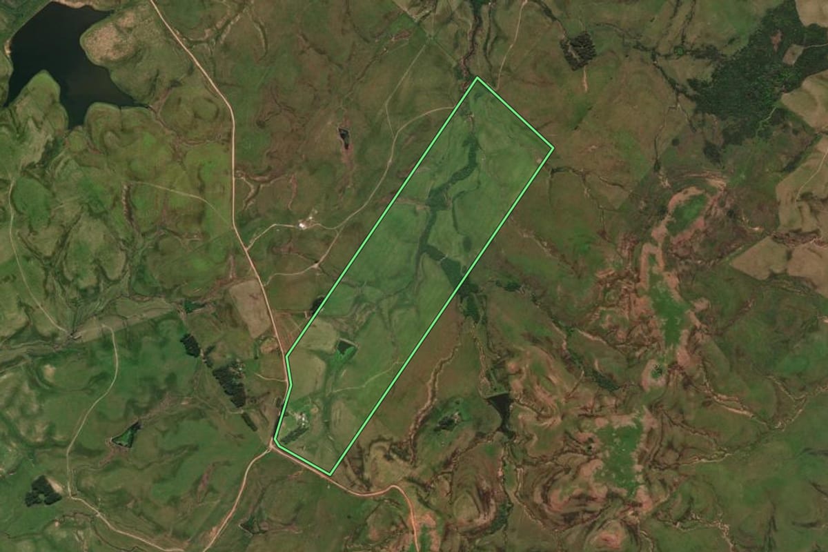 Imagem de satélite do imóvel rural em Rosário do Sul (RS), com o contorno declarado no CAR desenhado por cima.