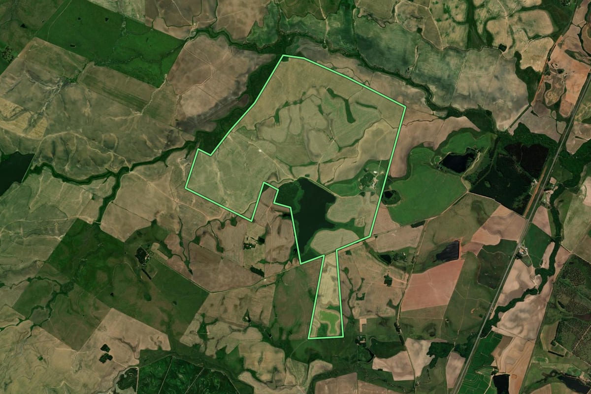 Imagem de satélite do imóvel rural em Rosário do Sul (RS), com o contorno declarado no CAR desenhado por cima.