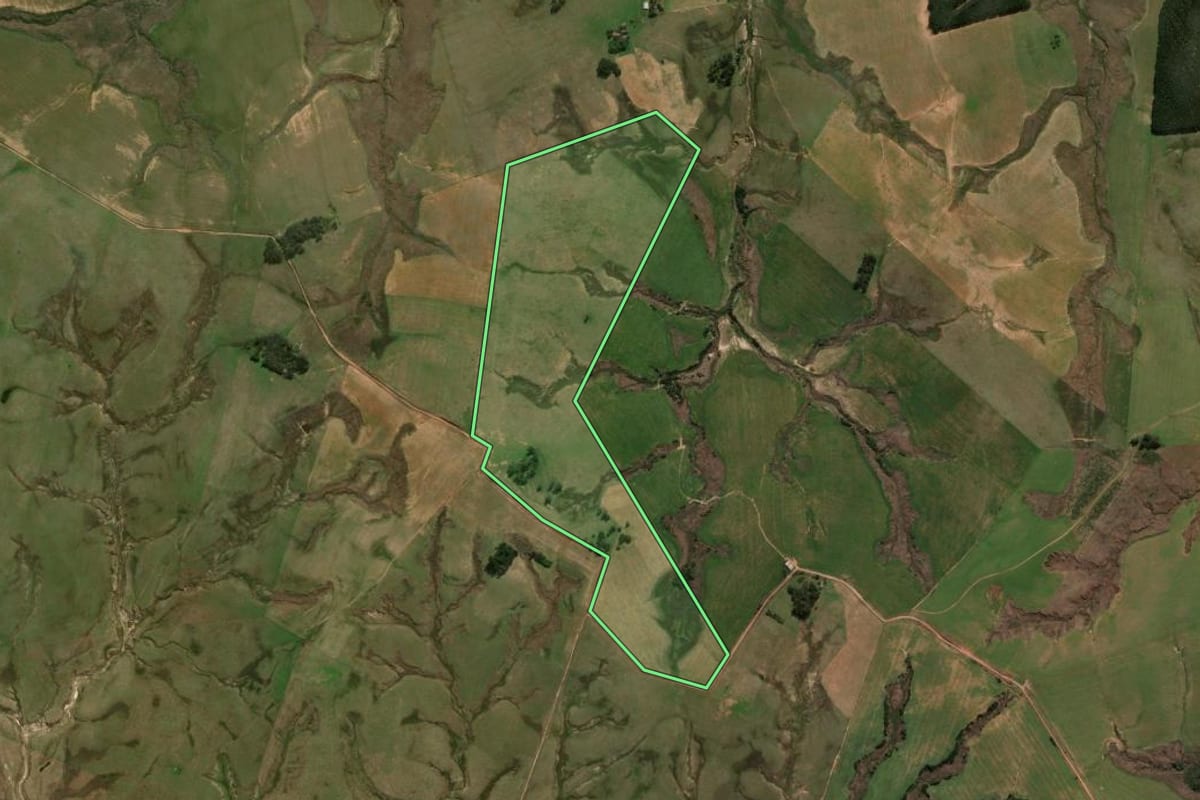 Imagem de satélite do imóvel rural em Rosário do Sul (RS), com o contorno declarado no CAR desenhado por cima.