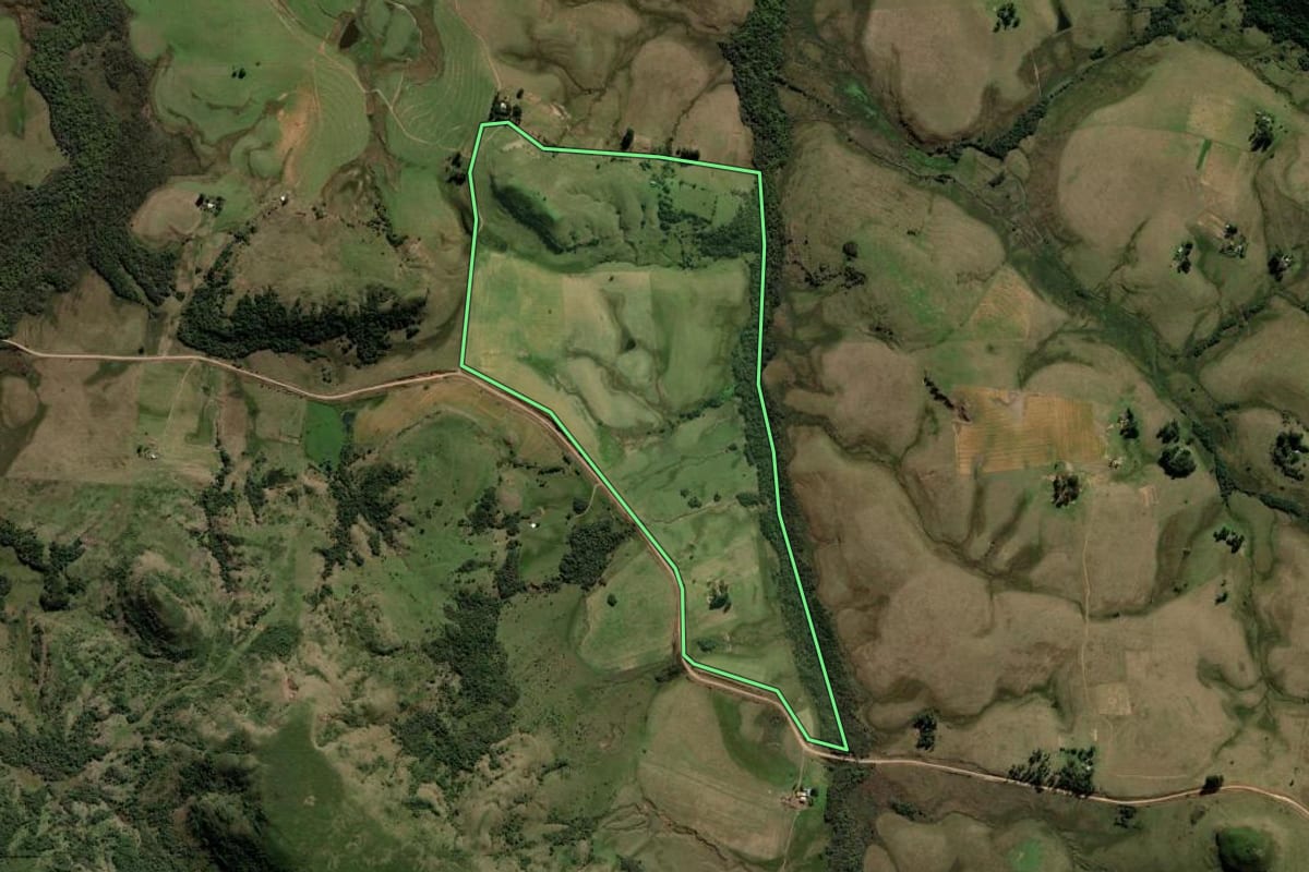 Imagem de satélite do imóvel rural em Rosário do Sul (RS), com o contorno declarado no CAR desenhado por cima.