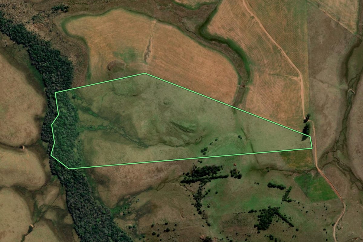 Imagem de satélite do imóvel rural em Rosário do Sul (RS), com o contorno declarado no CAR desenhado por cima.