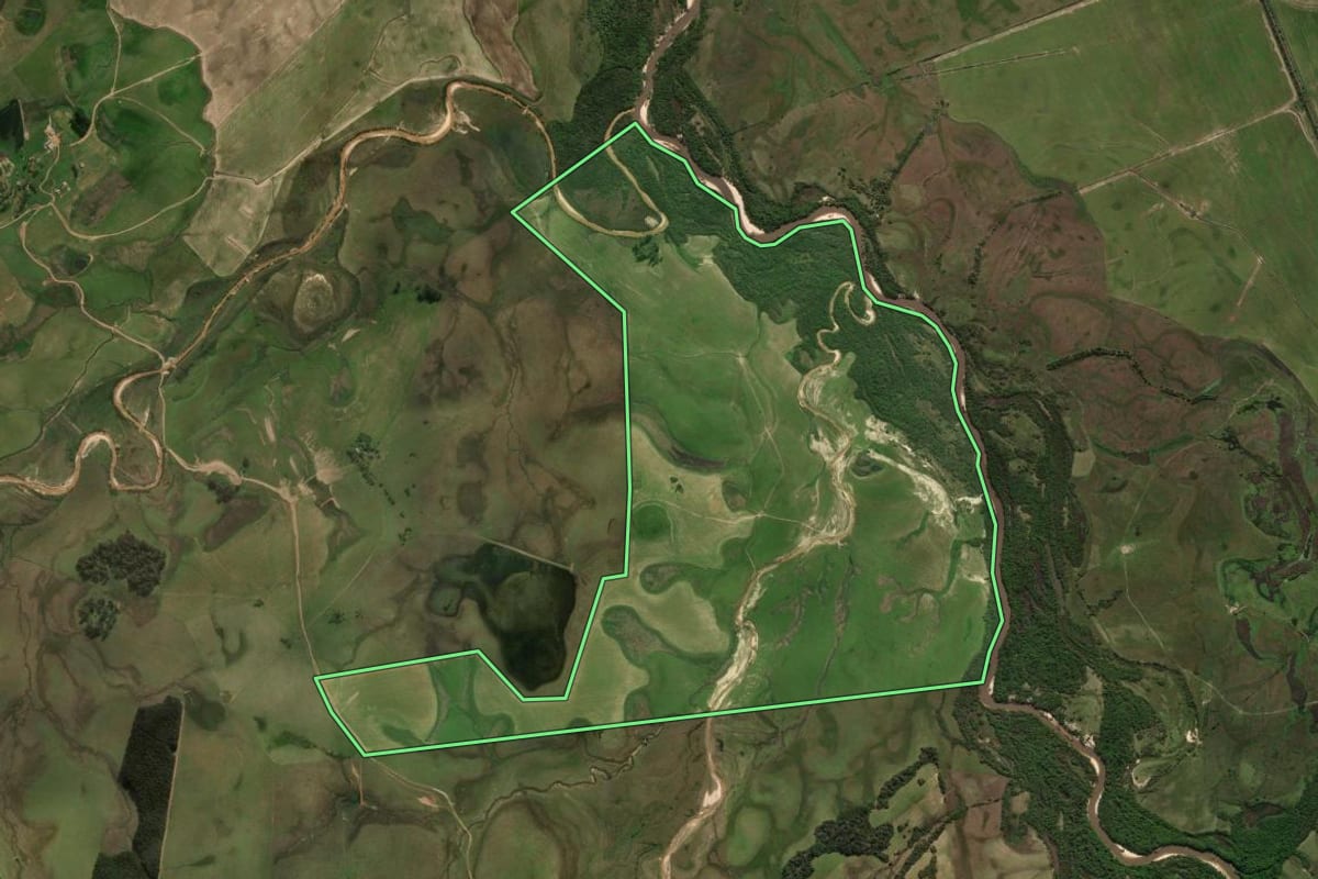 Imagem de satélite do imóvel rural em Rosário do Sul (RS), com o contorno declarado no CAR desenhado por cima.