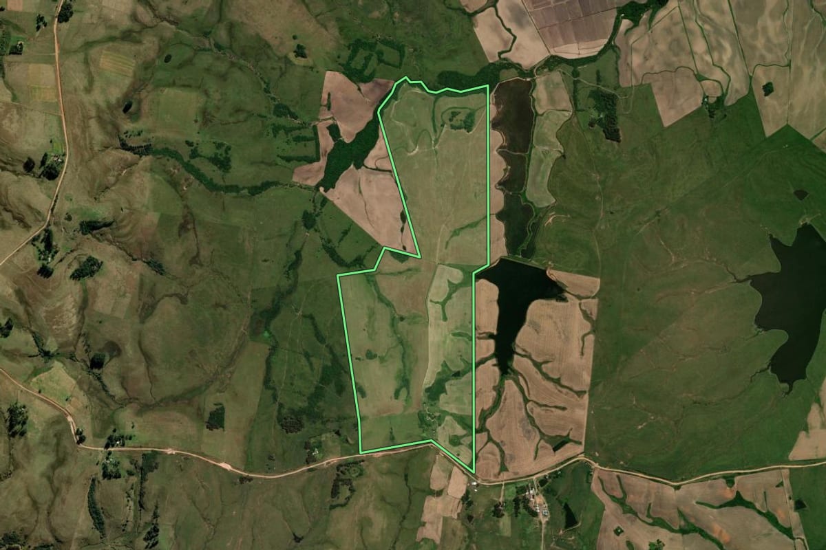 Imagem de satélite do imóvel rural em Rosário do Sul (RS), com o contorno declarado no CAR desenhado por cima.