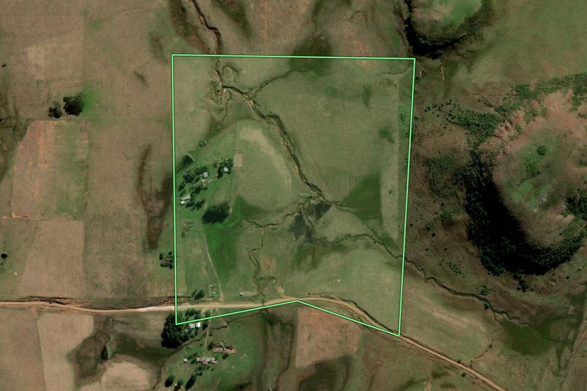 Imagem de satélite do imóvel rural em Rosário do Sul (RS), com o contorno declarado no CAR desenhado por cima.