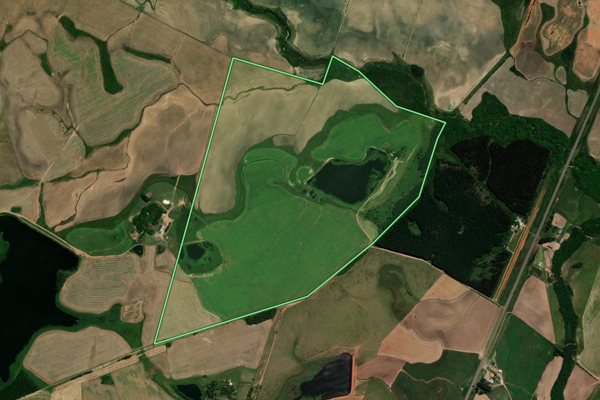Imagem de satélite do imóvel rural em Rosário do Sul (RS), com o contorno declarado no CAR desenhado por cima.