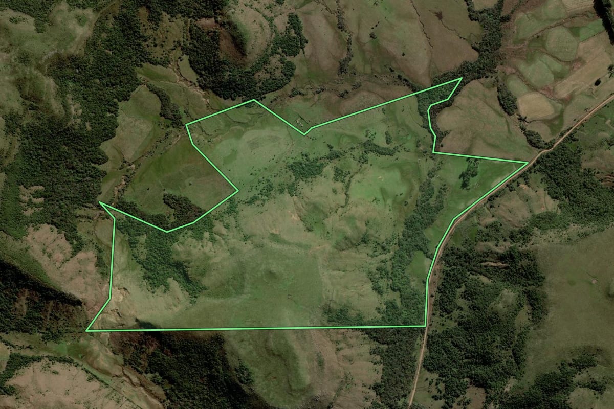 Imagem de satélite do imóvel rural em Rosário do Sul (RS), com o contorno declarado no CAR desenhado por cima.