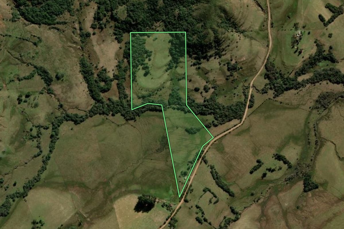 Imagem de satélite do imóvel rural em Rosário do Sul (RS), com o contorno declarado no CAR desenhado por cima.
