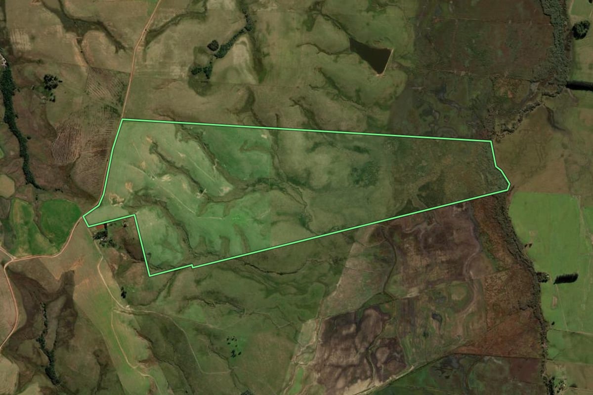 Imagem de satélite do imóvel rural em Rosário do Sul (RS), com o contorno declarado no CAR desenhado por cima.