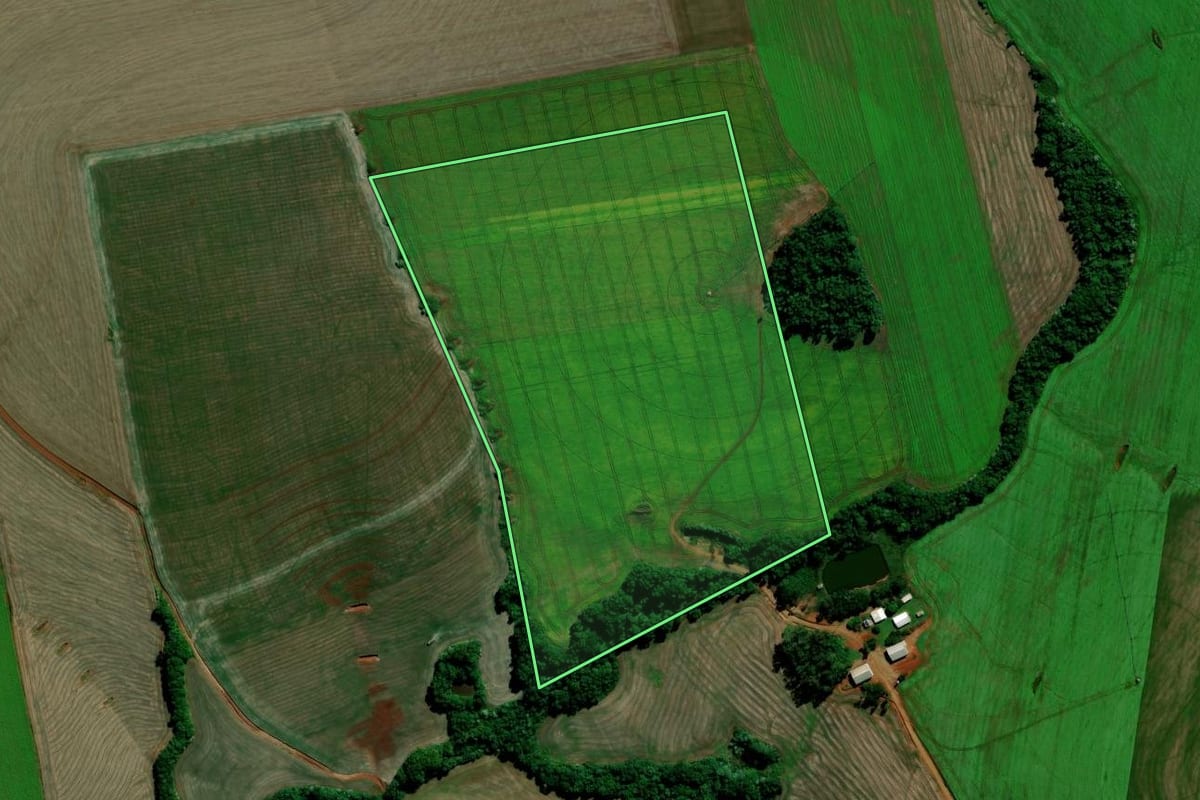 Imagem de satélite do imóvel rural em Saldanha Marinho (RS), com o contorno declarado no CAR desenhado por cima.