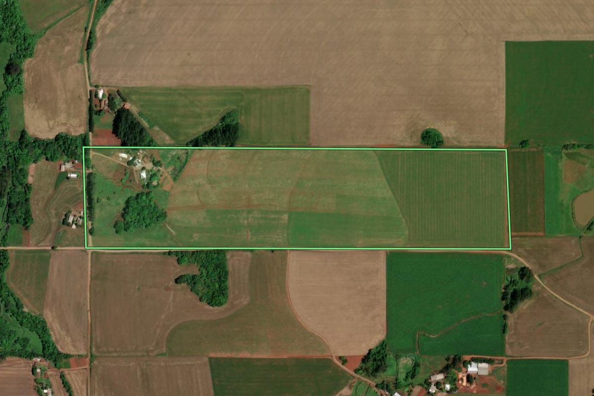 Imagem de satélite do imóvel rural em Salvador das Missões (RS), com o contorno declarado no CAR desenhado por cima.