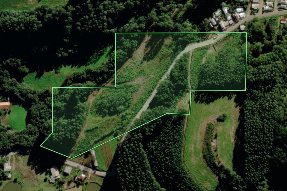 Imagem de satélite do imóvel rural em Salvador do Sul (RS), com o contorno declarado no CAR desenhado por cima.