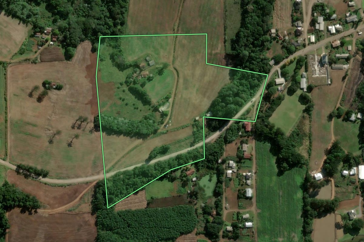 Imagem de satélite do imóvel rural em Salvador do Sul (RS), com o contorno declarado no CAR desenhado por cima.