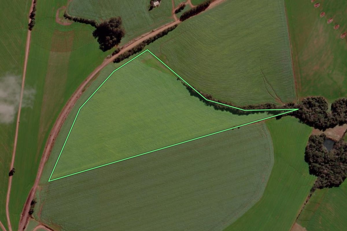 Imagem de satélite do imóvel rural em Santa Bárbara do Sul (RS), com o contorno declarado no CAR desenhado por cima.
