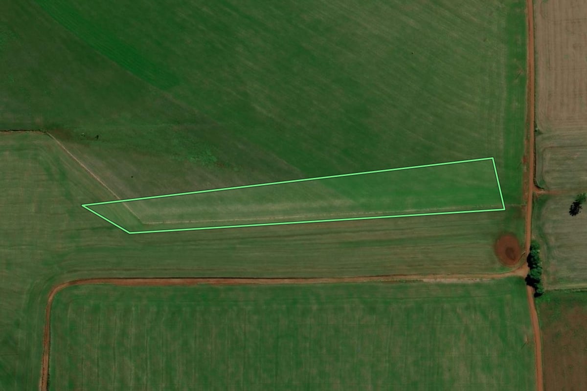 Imagem de satélite do imóvel rural em Santa Bárbara do Sul (RS), com o contorno declarado no CAR desenhado por cima.