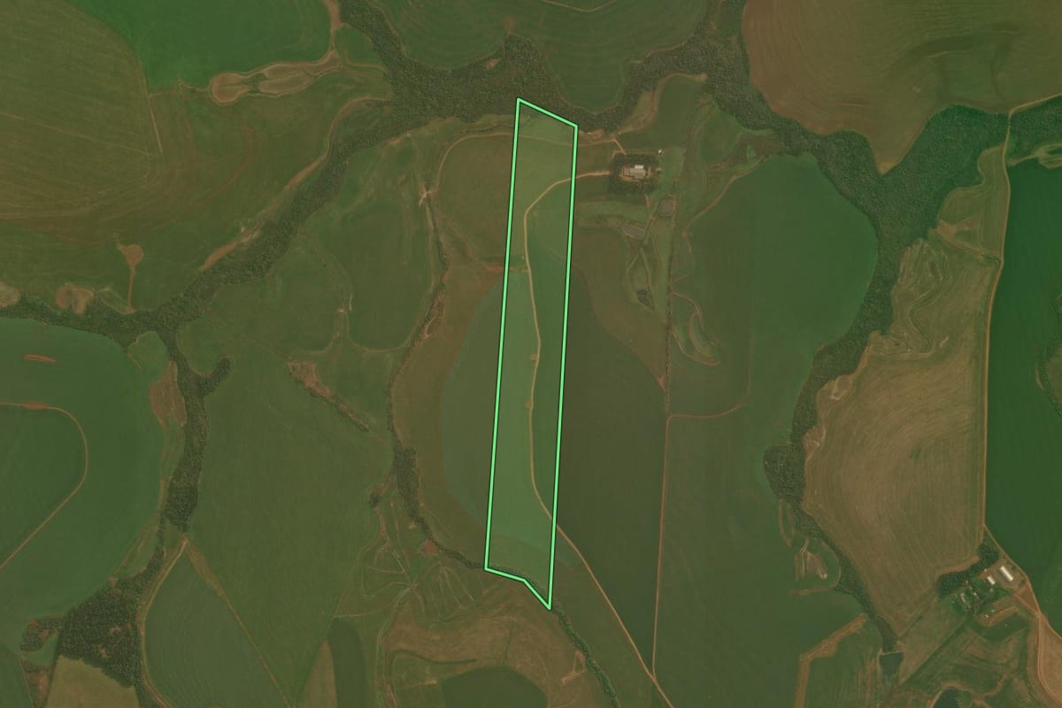 Imagem de satélite do imóvel rural em Santa Bárbara do Sul (RS), com o contorno declarado no CAR desenhado por cima.